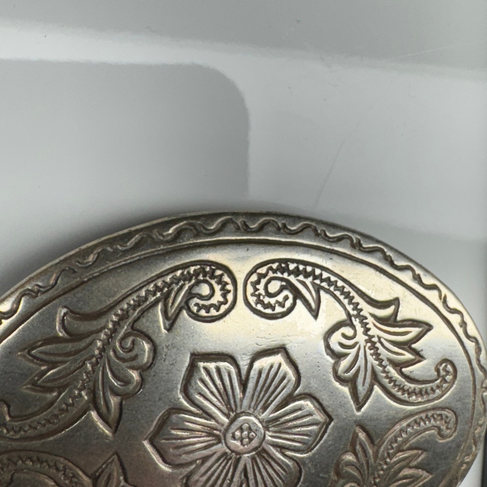 Oval Western Floral Etched Belt Buckle Silver Tone‎ Vintage Cowboy Accessory - Picture 6 of 11